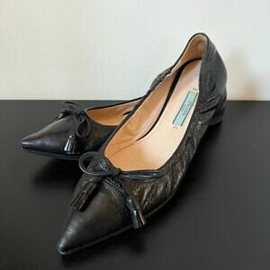 PRADA Black Leather Pointed Ballet Logo Flats Tasseled Women's Size 36.5 Resoled